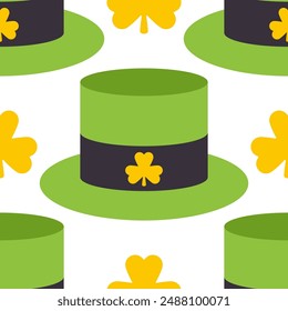 Leprechaun hat for St. Patrick day vector cartoon seamless pattern.