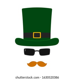 Leprechaun hat, sunglasses and mustache. Vector illustration.