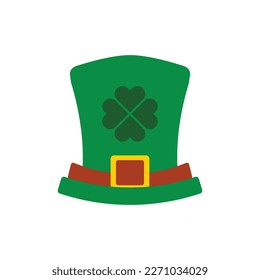 Leprechaun hat with tree leaves clover icon isolated on white background. Traditional Saint Patricks day carnival gnome green cylinder shamrock costume. Flat design cartoon vector illustration