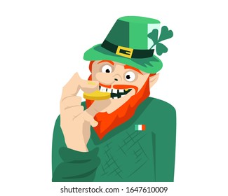Leprechaun in a hat tries a gold coin on a tooth. St.Patrick 's Day.