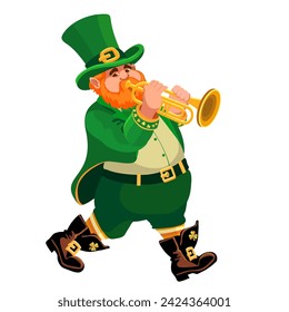 Leprechaun in a hat with a trumpet. Cartoon character in flat style isolated on white. Funny fat musician with trumpet. Illustration for St. Patricks Day. Design element for the Irish holiday. Vector