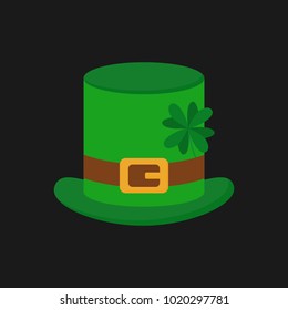 Leprechaun hat vector illustration, icon. St. Patrick's day green hat with four leaf clover, isolated on grey background.