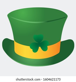 A leprechaun hat, vector illustration for St. Patrick Day. Green cylinder with yellow ribbon and clover shamrock.