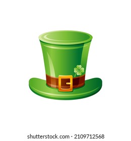 Leprechaun hat. Vector St Patrick day icon.  Irish green leprechaun hat with clover leaf. Happy Saint Patrick day! Cartoon Ireland illustration isolated on white background. Lucky magic vector