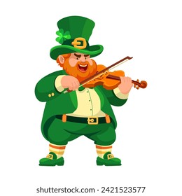 Leprechaun in a hat with a violin. Cartoon character in flat style isolated on white. Funny fat musician with violin. Illustration for St. Patrick's Day. Design element for the Irish holiday. Vector