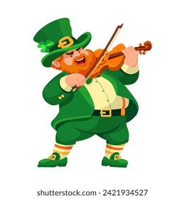 Leprechaun in a hat with a violin. Cartoon character in flat style isolated on white. Funny fat musician with violin. Illustration for St. Patrick's Day. Design element for the Irish holiday. Vector