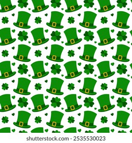 Leprechaun hats, clover quatrefoil and hearts Seamless pattern in trendy monochrome green. Backdrop