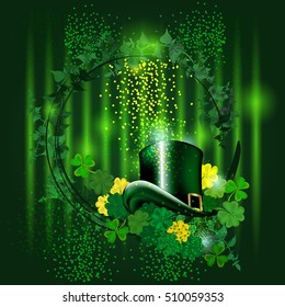 Leprechaun hats and clovers. Vector frame with stylish composition of green leaves. 