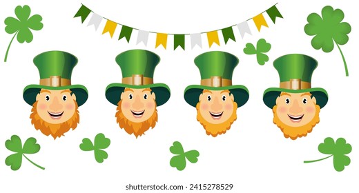 Leprechaun hats and faces on a white background. Design elements for greetings for St. Patrick's Day.
