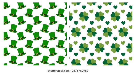 Leprechaun hats and Quatrefoil clover leaves with decorative hearts Seamless patterns St Patrick Day