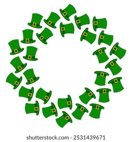 Leprechaun hats with ribbon buckle Circle frame border in trendy green. St Patrick greeting concept