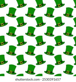 Leprechaun hats with ribbon and buckle Seamless pattern. St Patrick greeting background texture idea