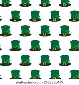 Leprechaun hats with shamrocks under ribbon with buckle seamless pattern design concept for backdrop