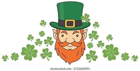 Cabeça de Leprechaun com barba vermelha e chapéu de topo verde cercado por Shamrocks