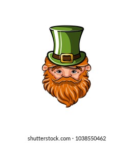 Leprechaun head. St.Patrick s day greeting card. Vector illustration isolated on white background.