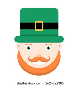 Leprechaun head with top hat and mustache flat icon St Patricks Day character. avatar for irish holiday isolated on white background