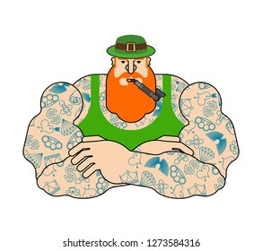 Leprechaun hipster and pot of gold. Tattoos and Vape. St.Patricks Day. Irish traditional holiday. Folk Cultural Festival in Ireland