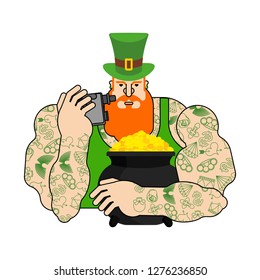 Leprechaun hipster and pot of gold. Tattoos and Vape. St.Patricks Day. Irish traditional holiday. Folk Cultural Festival in Ireland