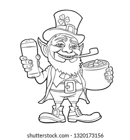 Leprechaun holding beer glass and pot of gold coins. Vector black illustration. Isolated on white background. For Saint Patrick's Day poster.