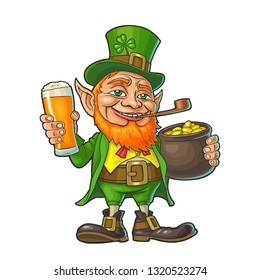 Leprechaun holding beer glass and pot of gold coins. Vector color illustration. Isolated on white background. For Saint Patrick's Day poster.