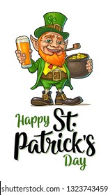 Leprechaun holding beer glass and pot of gold coins. Happy Saint Patrick's Day calligraphy handwriting lettering. Vector color illustration. Isolated on white background