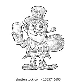 Leprechaun holding beer glass and pot of gold coins. Vector black vintage engraving illustration. Isolated on white background. For Saint Patrick's Day poster.