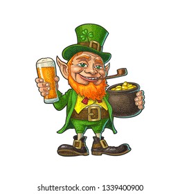 Leprechaun holding beer glass and pot of gold coins. Vector color vintage engraving illustration. Isolated on white background. For Saint Patrick's Day poster.