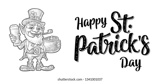 Leprechaun holding beer glass and pot of gold coins. Happy Saint Patrick's Day calligraphy handwriting lettering. Vector color vintage engraving illustration. Isolated on white background