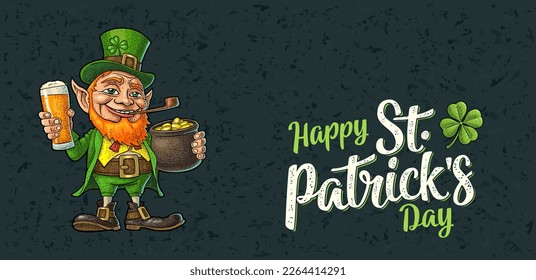 Leprechaun holding beer glass and pot of gold coins. Happy Saint Patrick's Day calligraphy handwriting lettering. Vector color vintage engraving illustration. Isolated on dark background