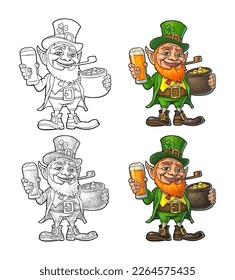 Leprechaun holding beer glass and pot of gold coins. Vector color vintage engraving illustration. Isolated on white background. For Saint Patrick's Day poster.