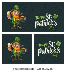 Leprechaun holding beer glass and pot of gold coins. Happy Saint Patrick's Day calligraphy handwriting lettering. Vector color vintage engraving illustration. Isolated on dark background