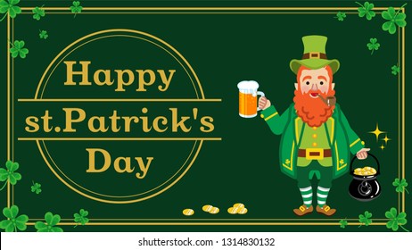 Leprechaun holding Beer mug and pot of gold - St. Patrick's Day Greeting card layout Design