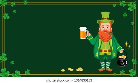 Leprechaun holding Beer mug and pot of gold - St. Patrick's Day Greeting card, copy space layout Design