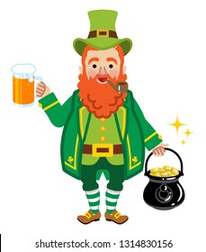 Leprechaun holding Beer mug and pot of gold