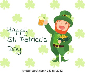 Leprechaun holding Beer mug and pot of gold - Happy St. Patrick's Day. 