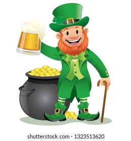 leprechaun holding beer and pot full of gold coins