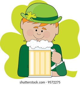 A leprechaun holding a big stein of beer and wearing a bowler hat with a shamrock on it