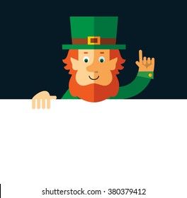 Leprechaun holding a blank sheet and making attention gesture with forefinger. Flat style vector illustration   Symbol Saint Patrick's Day