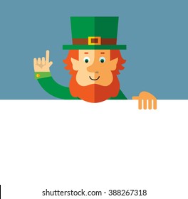Leprechaun holding a blank sheet and making attention gesture with forefinger. Flat style vector illustration   Symbol Saint Patrick's Day