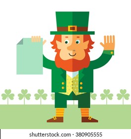 Leprechaun holding blank sheet of paper. Flat style vector illustration   Symbol Saint Patrick's Day