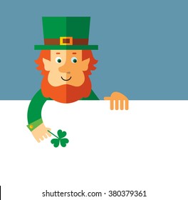 Leprechaun holding a blank sheet pointing. Flat style vector illustration   Symbol Saint Patrick's Day