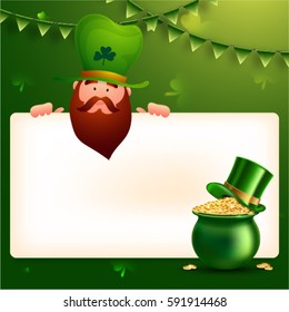 Leprechaun holding blank sign board for your wishes. St. Patrick's Day celebration green background with gold coins pot, leprechaun hat, and buntings decoration.