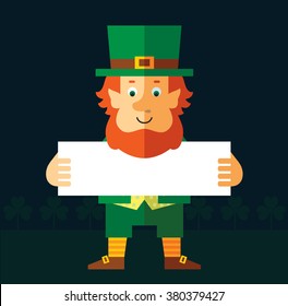 Leprechaun  holding a blank sign. Flat style vector illustration   Symbol Saint Patrick's Day