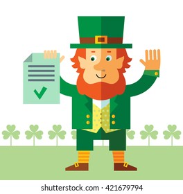 Leprechaun  holding check list. Flat style vector illustration   Symbol Saint Patrick's Day