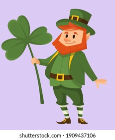 Leprechaun holding clover. Fairy tale character in cartoon style.