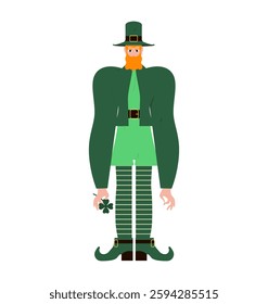 Leprechaun holding clover leaf. Shamrock lucky symbol. Elf bearded man. Saint Patrick's day. Ireland holiday. Flat Vector illustration isolated on white background