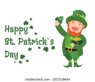 Leprechaun holding clover and pot of gold. Happy St. Patrick`s Day. Flat vector illustration. 