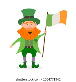 Leprechaun is holding the flag of Ireland. Saint Patrick's Day concept. Vector illustration.