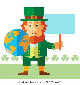 Leprechaun holding a globe and blank sign. Flat style vector illustration   Symbol Saint Patrick's Day