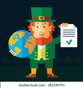 Leprechaun holding a globe and check list with green mark. Flat style vector illustration   Symbol Saint Patrick's Day